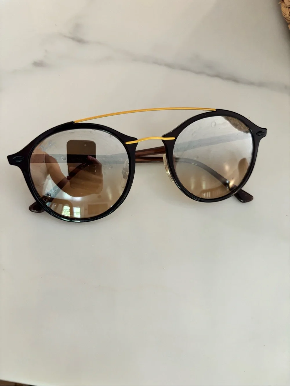 RayBan Round Black Frame Sunglasses with Gold Double Bridge